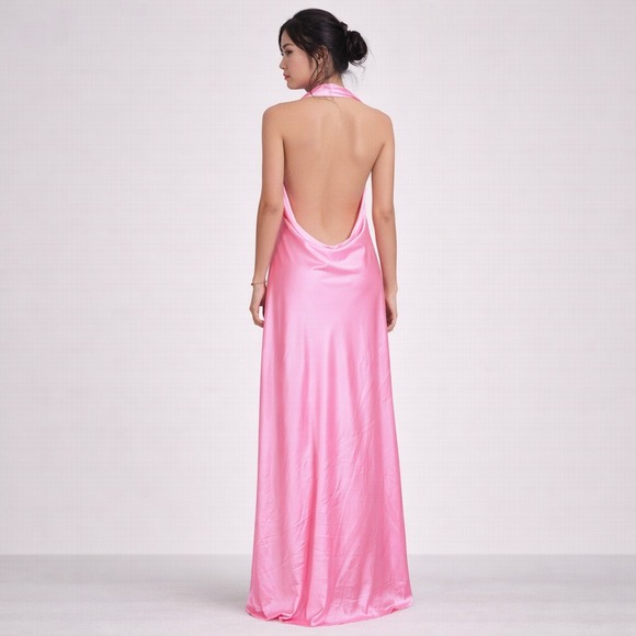 Show Me Your Mumu Halter Maxi Dress Pink Luxe Satin Open Back Bridesmaid XL New - Picture 2 of 7